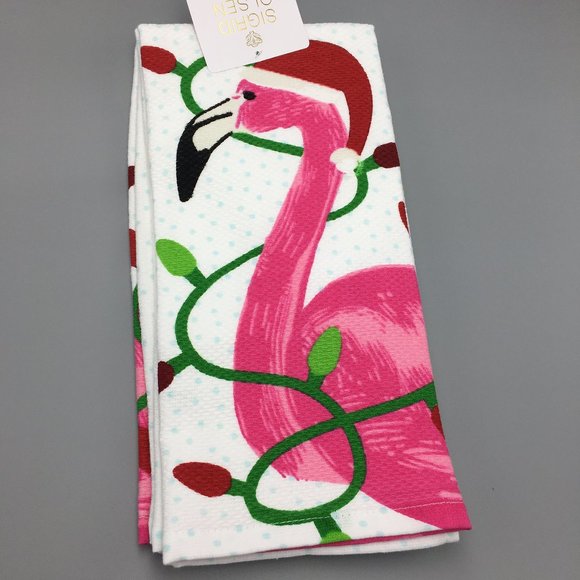 x2 Sigrid Olsen Christmas Lights Flamingo Kitchen Towel Set Santa Hat Tropical - Picture 1 of 8